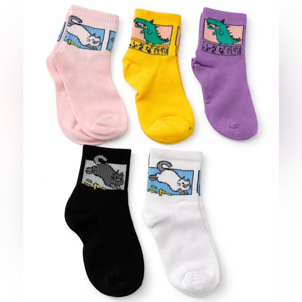 SHEIN 5 Pairs Cartoon Crew Socks Women Cat Dinosaur Ankle Socks Colorful Cute